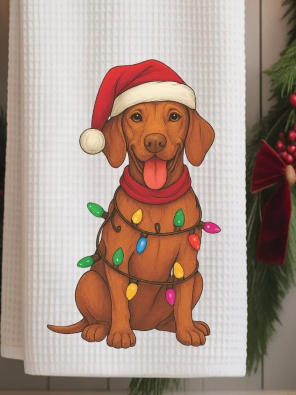 Vizsla Christmas Lights Decorative Kitchen Tea Towel